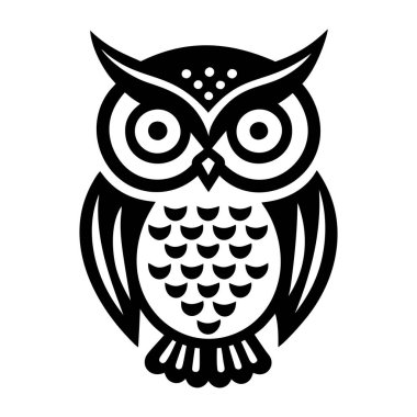 Baykuş vektör çizimi, beyaz arkaplanda izole edilmiş, siyah simge tasarım ögesi, logo sembolü