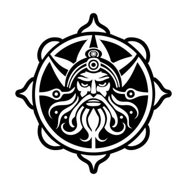 Siyah-beyaz kabile resmi. Kelt çemberindeki sakallı bir adamın resmi.