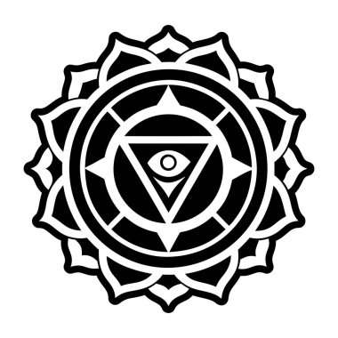 Beyaz arka planda, sembolde ve astrolojide mistik siyah beyaz bir dövmenin vektör çizimi.