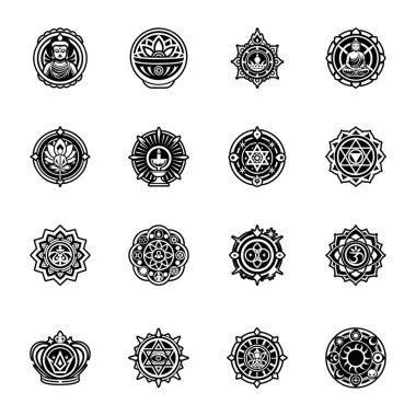 Kutsal kalbin kutsal sembollerinin elementlerine sahip siyah beyaz ikonlar.