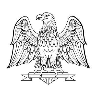 Tüylü kartal kuşu. Heraldik amblem, vektör, vintage oyma.