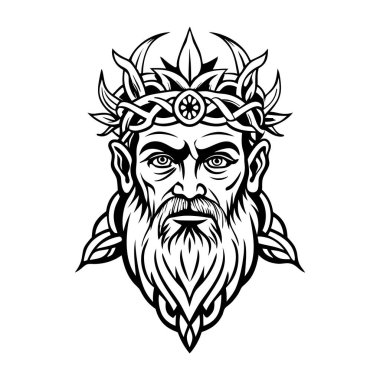 Sakalı, tacı ve sakalı olan yaşlı bir adamın başı. Beyaz arkaplanda izole edilmiş vektör çizimi.