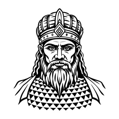 Sakallı ve kalkanlı bir Viking savaşçısının vektör çizimi.