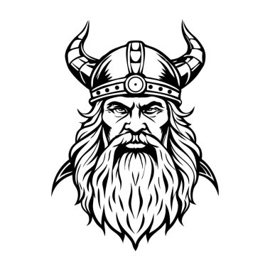 Sakallı ve boynuzlu Viking kafası. vektör siyah ve beyaz illüstrasyon