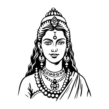 Hint tanrıçası Durga 'nın vektörü, Lord' un tanrıçası. Siyah ve beyaz çizimler. poster ve afiş için izole edilmiş illüstrasyon.