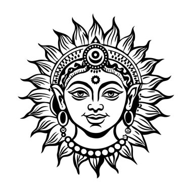 Mandala ile güneşin el çizimi tasviri.