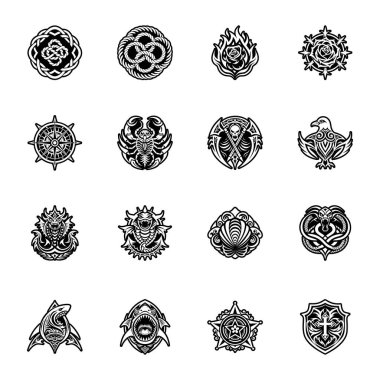 Yuvarlak süslemelerin siyah ve beyaz vektör simgelerini ayarla