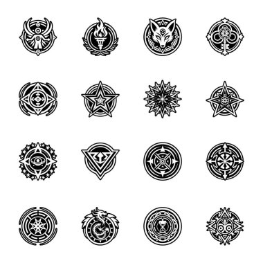 Siyah ve beyaz Kelt yuvarlak sembolleri vektör kümesi.