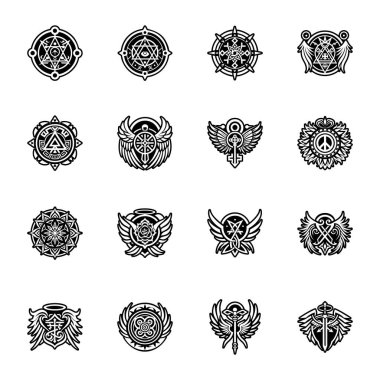 Dekoratif siyah simgelerin vektör kümesi.