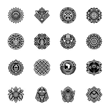 Siyah ve beyaz farklı vektör simgeleri kümesi.