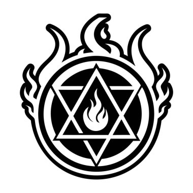 Alevli pentagram, yıldız, pentagram, David, beyaz arka planda pentagram sembolü. Taslak biçiminde vektör illüstrasyonu.