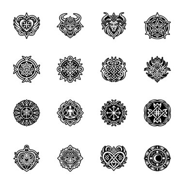 Dövme, rozet, dövme, dövme, etiket, rozet, logo, dövme tasarımı için siyah-beyaz dekoratif elementler. Eski tarz,