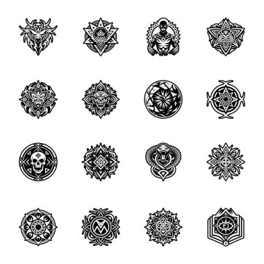 Siyah ve beyaz simgeler dizisi.