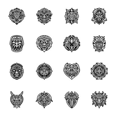Farklı elementler ve simgelerle siyah beyaz kabile maskeleri..