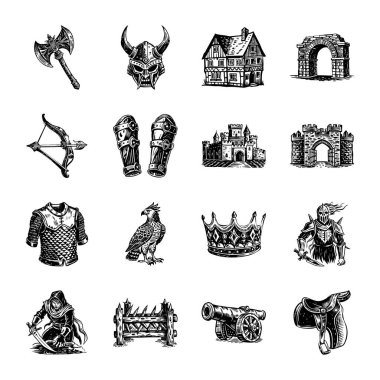 Ortaçağ siyah monokrom tarzında ortaçağ simgeleri tasarınız için izole edilmiş. Vektör illüstrasyonu ortaçağ şövalyelerinin, ortaçağ şövalyelerinin, ortaçağ şövalyelerinin, kılıçların izole edilmiş bir tasviri.