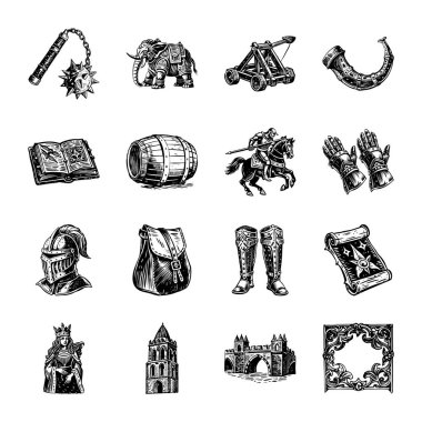 Vektör çizimi. Farklı ortaçağ silahlarının el çizimi, şövalye..
