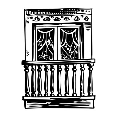 Balkonlu balkon. El çizimi eskiz. vektör illüstrasyonu