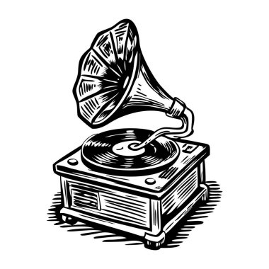 Gramofon tasvir eden klasik illüstrasyon
