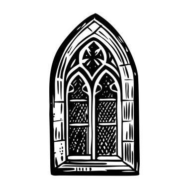 Güzel bir kilise penceresini tasvir eden klasik çizimler.
