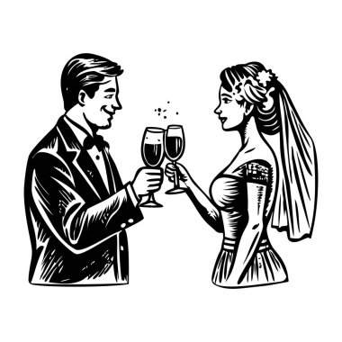 Gelin ve damat şarap yapıyor. Şerefe, klasik illüstrasyon.