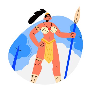 Kızılderili bayrağı taşıyan yerli bir adam. Hint geleneksel Amerikan yerlilerinin vektör çizimi