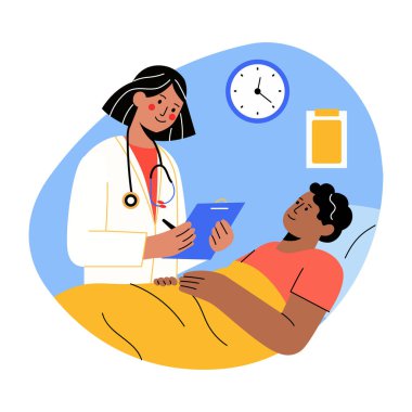 Bir kadın doktor hastasını kontrol ediyor, düz çizim.