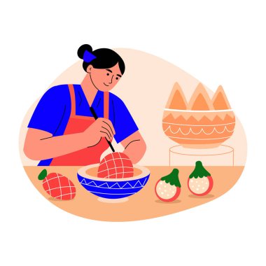 Meyve oymacılığı yapan bir kadının düz bir resmi.