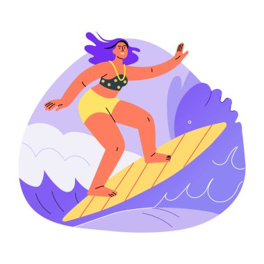 Düz stil ile kadın sörfçü karakter çizimi
