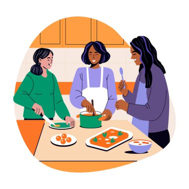 Mutfakta yemek pişiren kız arkadaşlar, düz çizim.