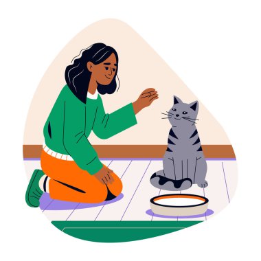 Kediyi besleyen bir kızın düz bir çizimi