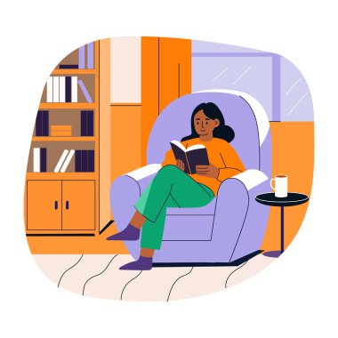 Kitap okuyan bir kızın düz bir çizimi.