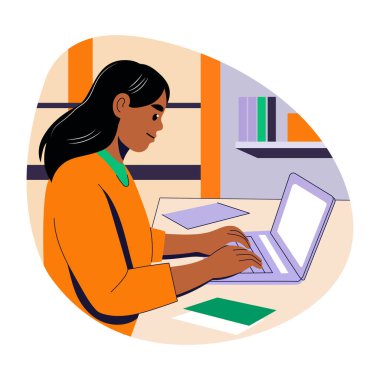 Blog illüstrasyonunu düz bir şekilde yazan bir kız