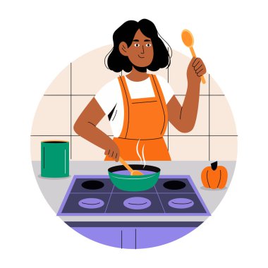 Mutfakta yemek pişiren bir kızın düz bir çizimi.