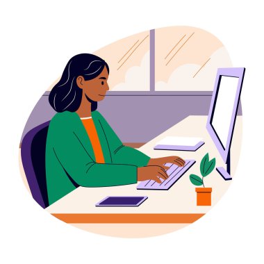 Ofis işlerini yapan bir kızın düz bir çizimi.