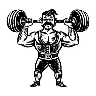 Güçlü adam ağır halter kaldırıyor, eski tarz illüstrasyon.