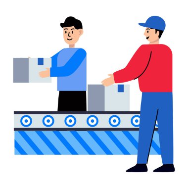 Bir ambalaj istasyonunda çalışan düz stil bir işçi çıkartması.