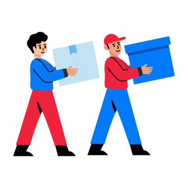 Paketleri taşıyan işçilerin düz stil simgesi