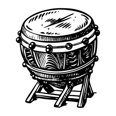 Geleneksel Japon davullarını tasvir eden klasik çizimler