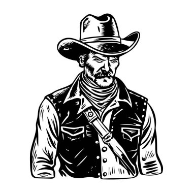 Kovboy kostümü giymiş bir karakter, klasik stil çizimi.