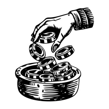 Kumarhane jetonlarını bir kaseden toplamak, klasik çizim.