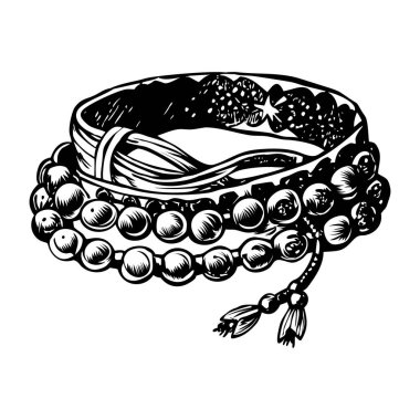 Bir rüya yakalayıcısının siyah beyaz çizimi.