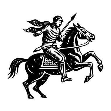 Ata binen yerli savaşçı, klasik çizim.