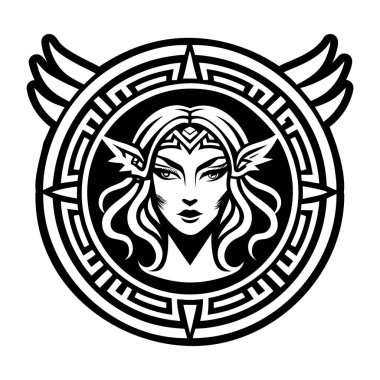 Dövmeli güzel bir kadın kafasının vektör çizimi ve desenli bir kalkan.