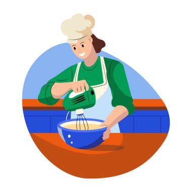 Fırın uzmanı hamur hamurunu elektrik sopasıyla karıştırıyor, düz stil illüstrasyon.