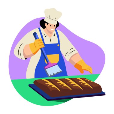 Yemek pişiren uzman bir aşçının düz bir çizimi.