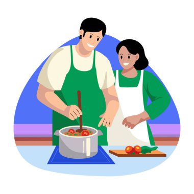 Mutfakta güzel bir çift yemek pişiriyor.