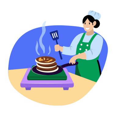 Düz stili olan bir kadın karakterin kahvaltı pişirme illüstrasyonu