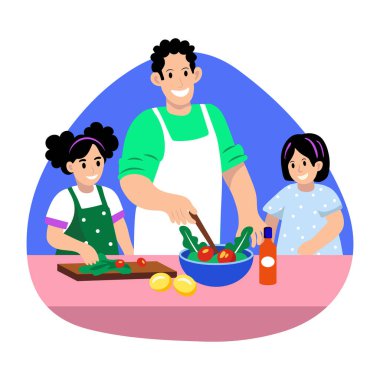 Mutfakta yemek pişiren bir ailenin düz bir çizimi.