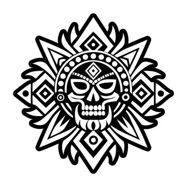 Çiçekli, vektörlü, resimli siyah ve beyaz kabile kafatası