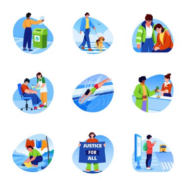 Bir bankta oturan rahatlatıcı bir karakterin düz stil çizimi